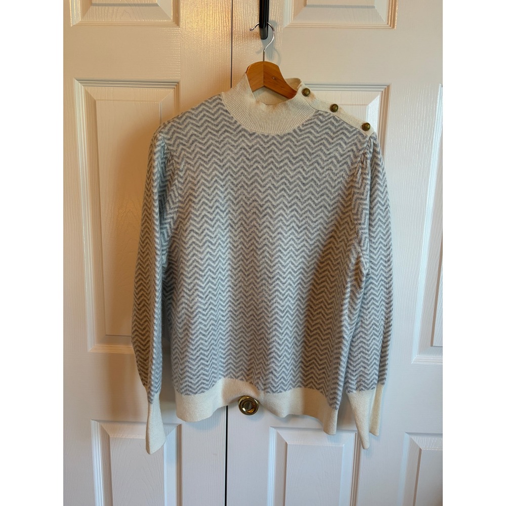 J.Crew Women 2X Gray Ivory Herringbone Alpaca Blend Button Mock Neck Sweater